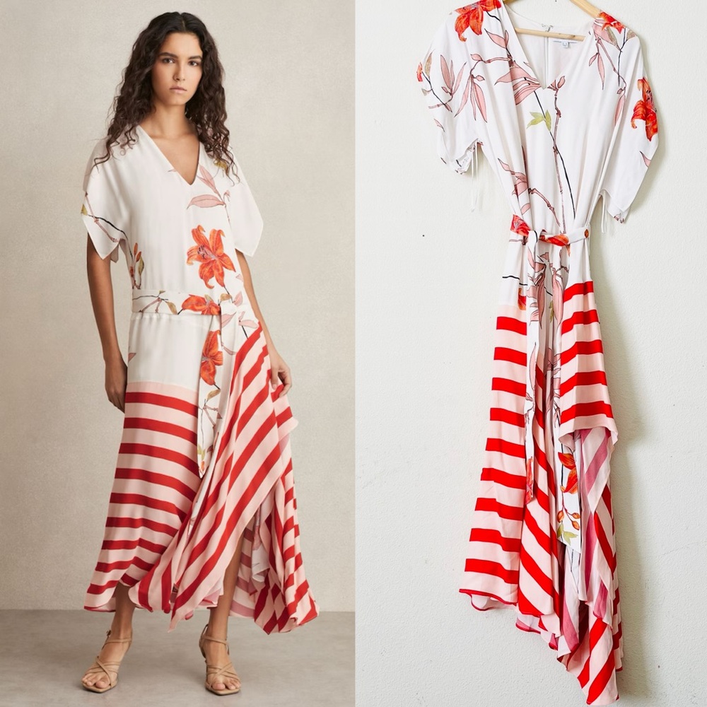 Reiss White and Red Floral Stripe Maxi Dress